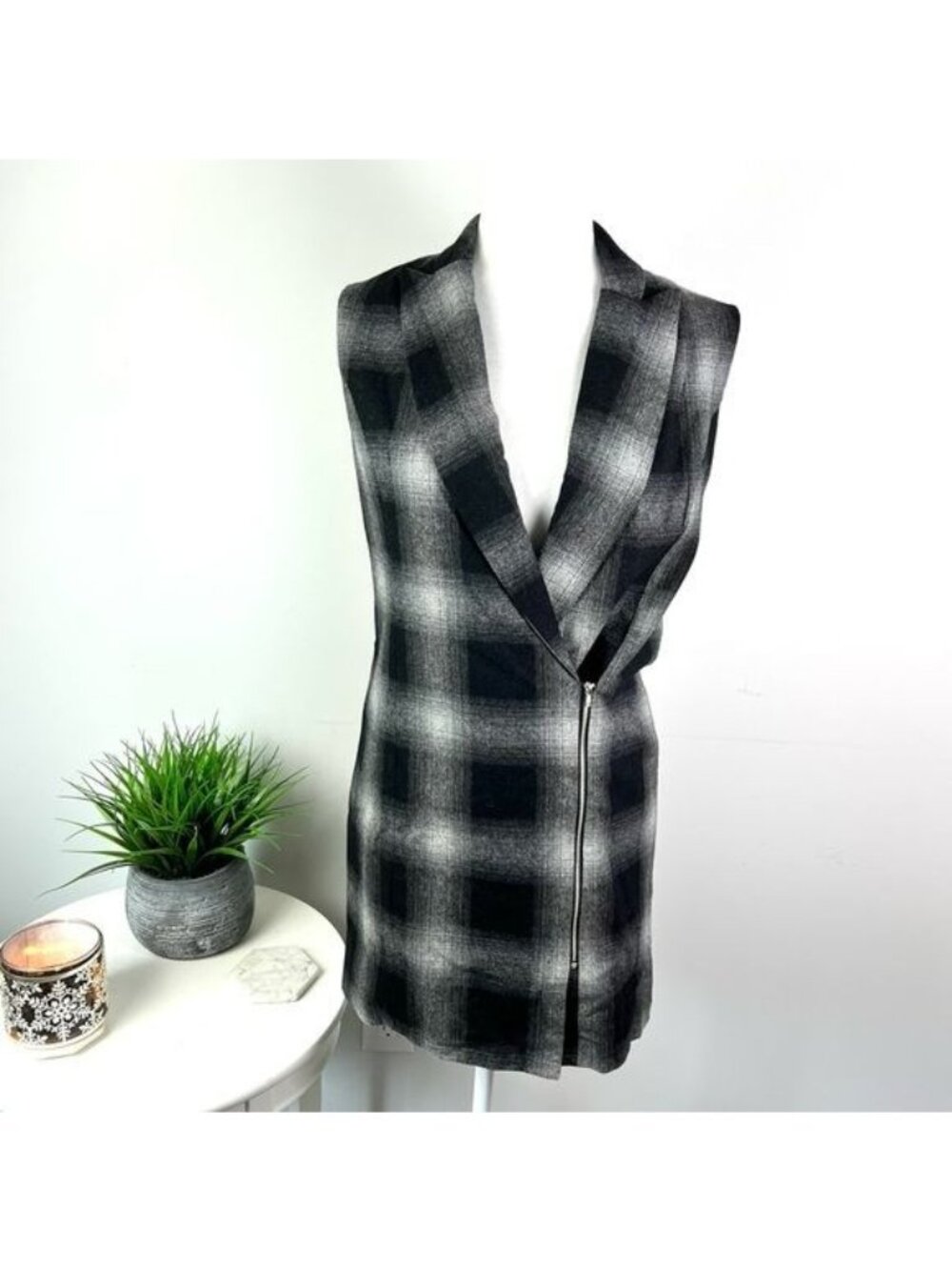 WAYF Long Plaid Vest Womens Asymmetrical Sleeveless size XS